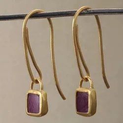 Ethnic Square Purple Stone Hook Earrings Vintage Jewelry Gold Color Metal Geometry Long Dangle Earrings for Women