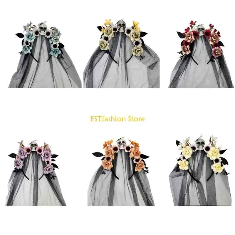

Y5GC Witch Hairsband со скелетом Flower Long Veil Hairhoop для Хэллоуина костюми
