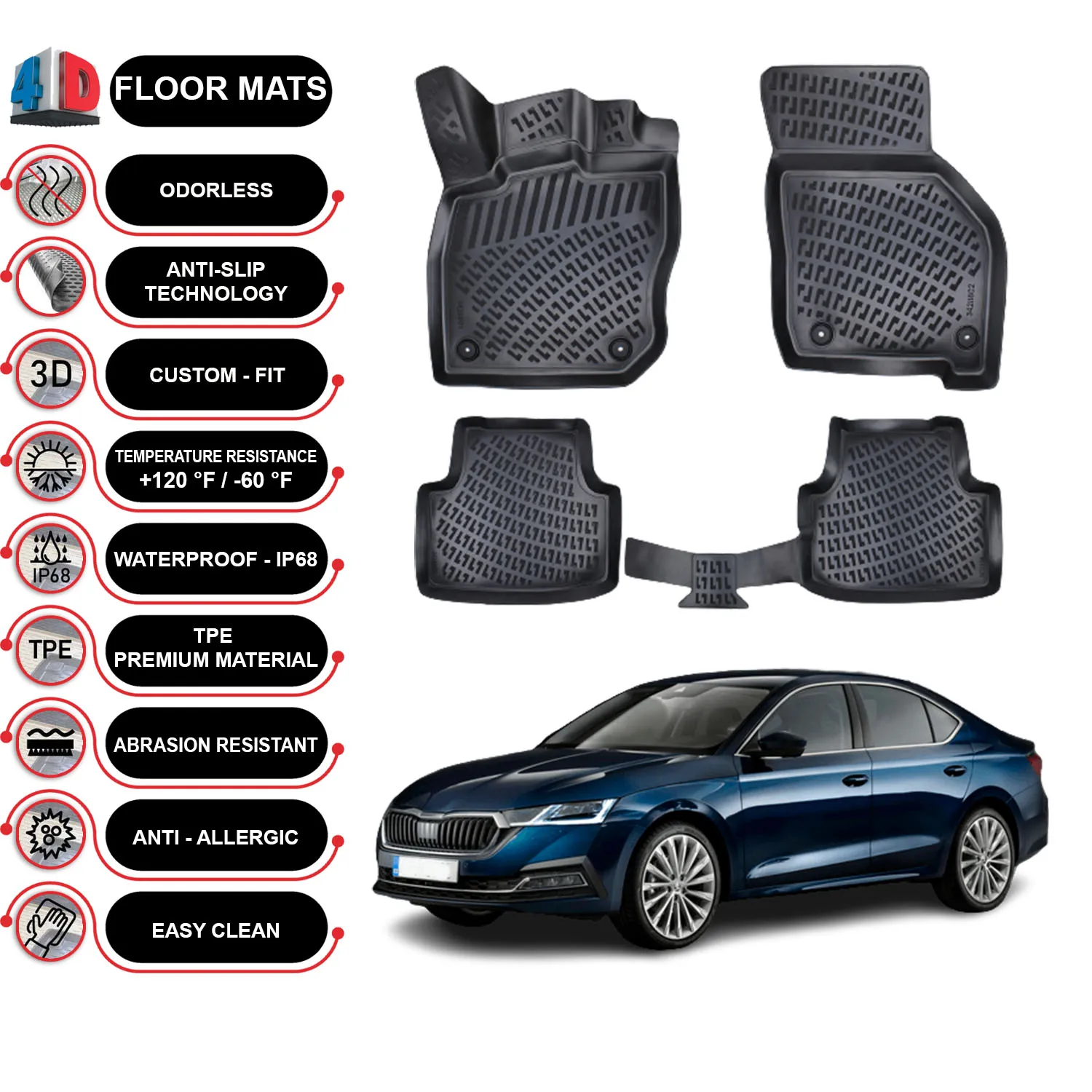 Skoda Octavia - (2020-2022) Floor Mats Liner Waterproof 3D - (Black)