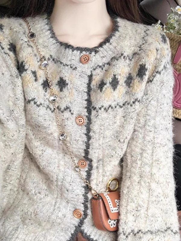 

Теплый винтажный вязаный свитер-пальто в стиле Fair Isle для женщин, ранняя весна, мягкий, уютный, с дизайнерским акцентом, в лесном стиле, топ