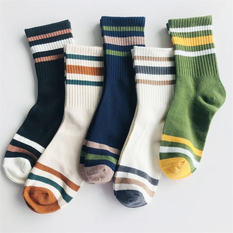 5 Pairs Men\'s Colorful Striped Casual Socks, Fashionable Sports Socks, Sweat Absorbing And Breathable, Suitable For All Seasons