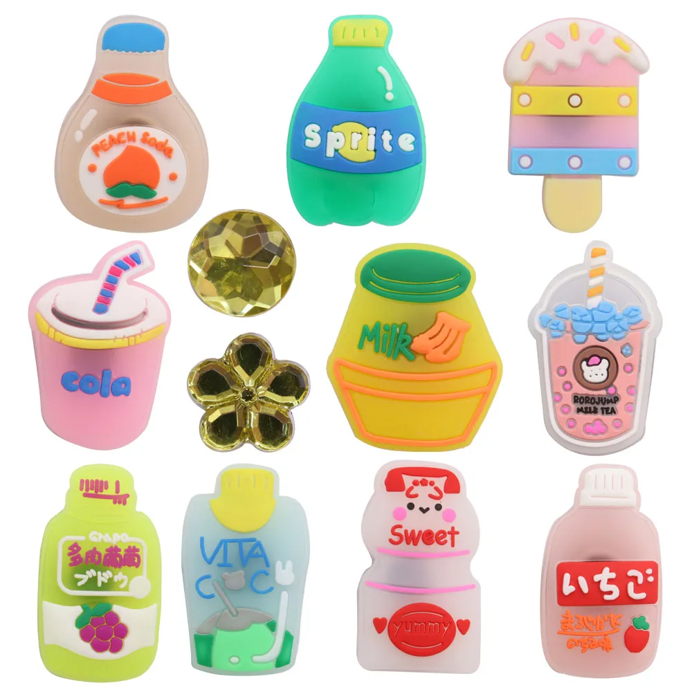 1pcs PVC Peaches Ice Cream Beverage Banana Milk Tea Grape Juice Shoe Charms Buckle Clog Fit Wristbands Backpack Decorations