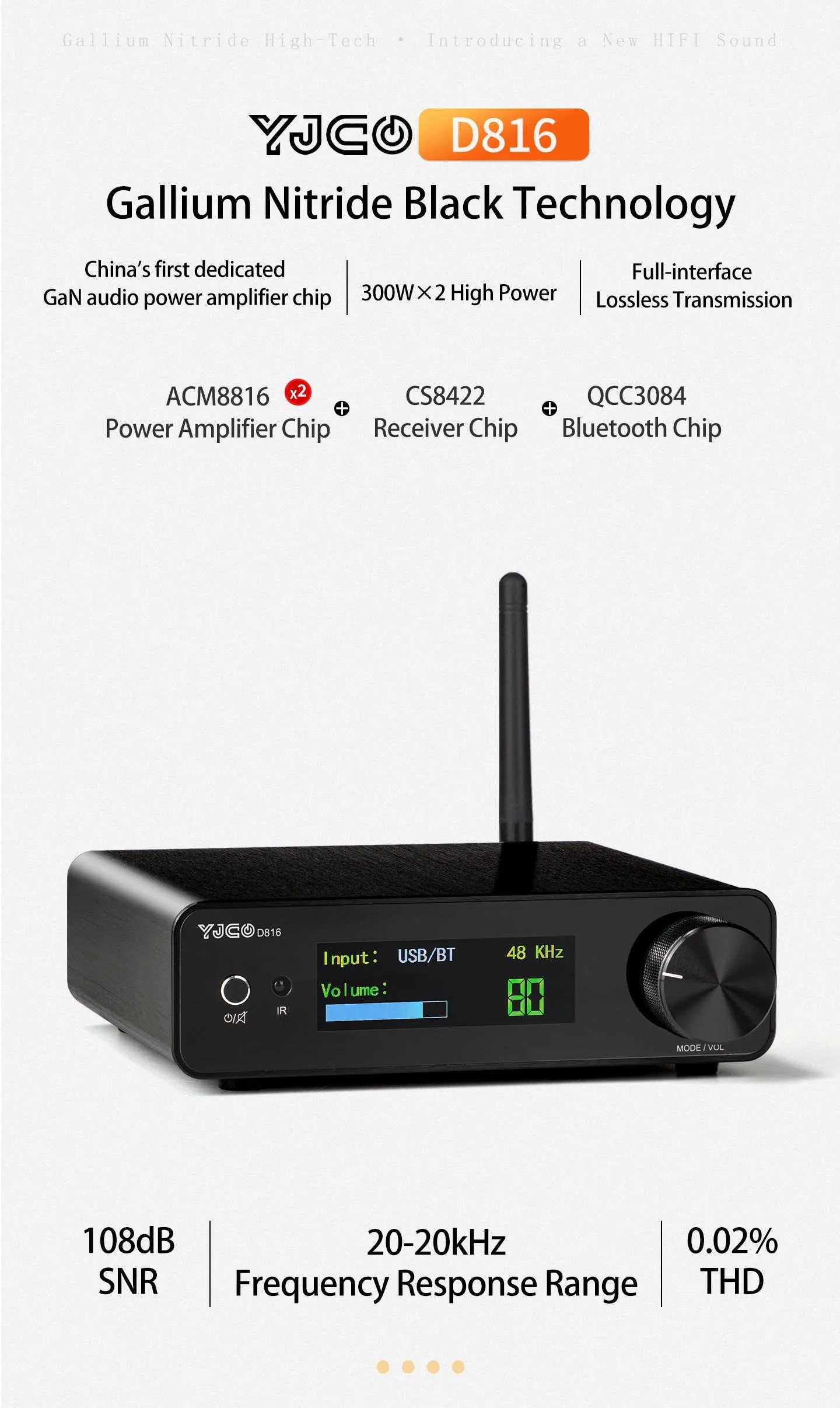 YJCO D816 High-Fidelity Digital HIFI Leistungsverstärker 300W*2 Bluetooth Verlustfreier Heim-Audio-Verstärker Galliumnitrid ACM8816 Chip – Detail 1