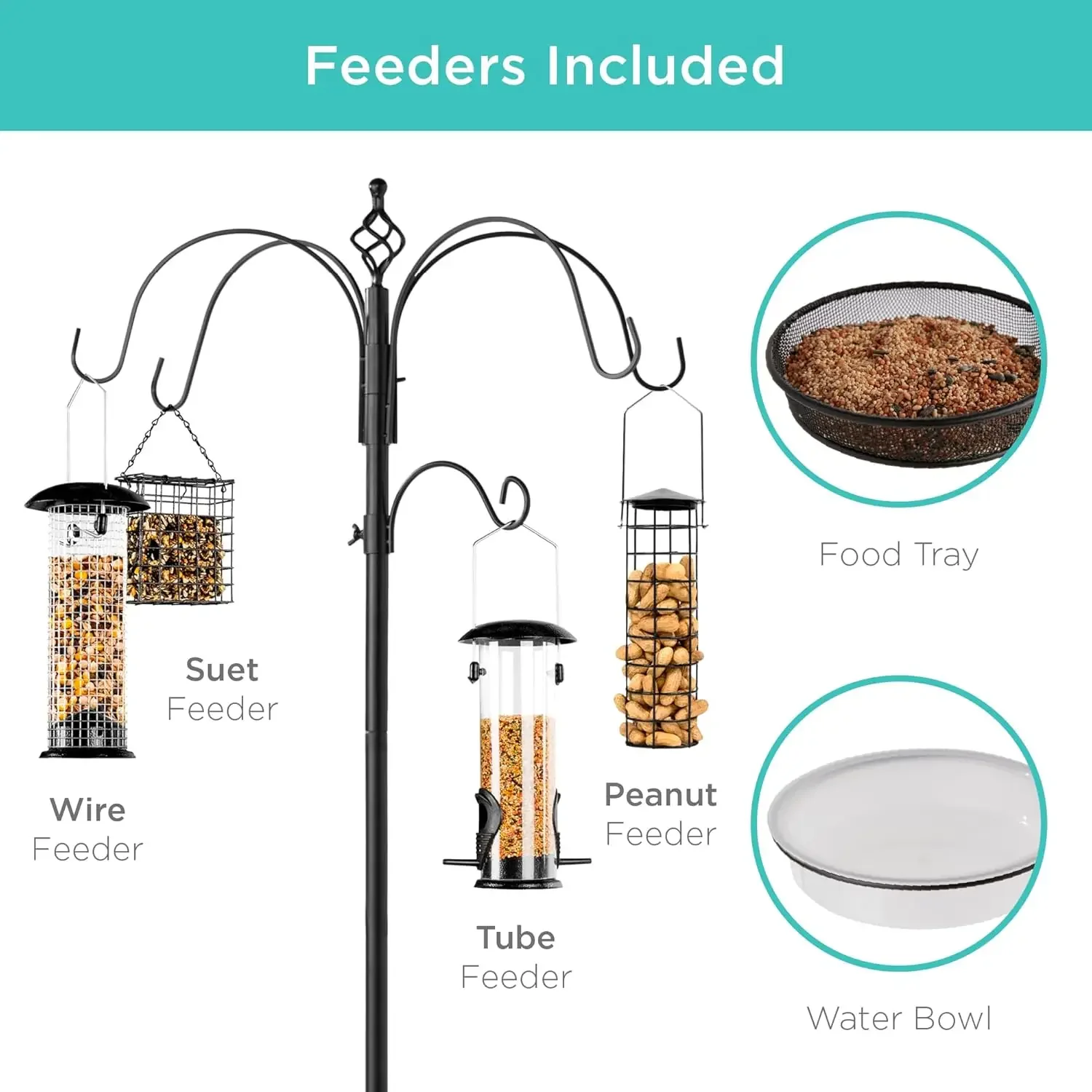 Black Steel 6 Hook Bird Feeding Station Multi Feeder Kit Stand 4 Feeders Mesh Tray Bird Bath 5 Prong Base