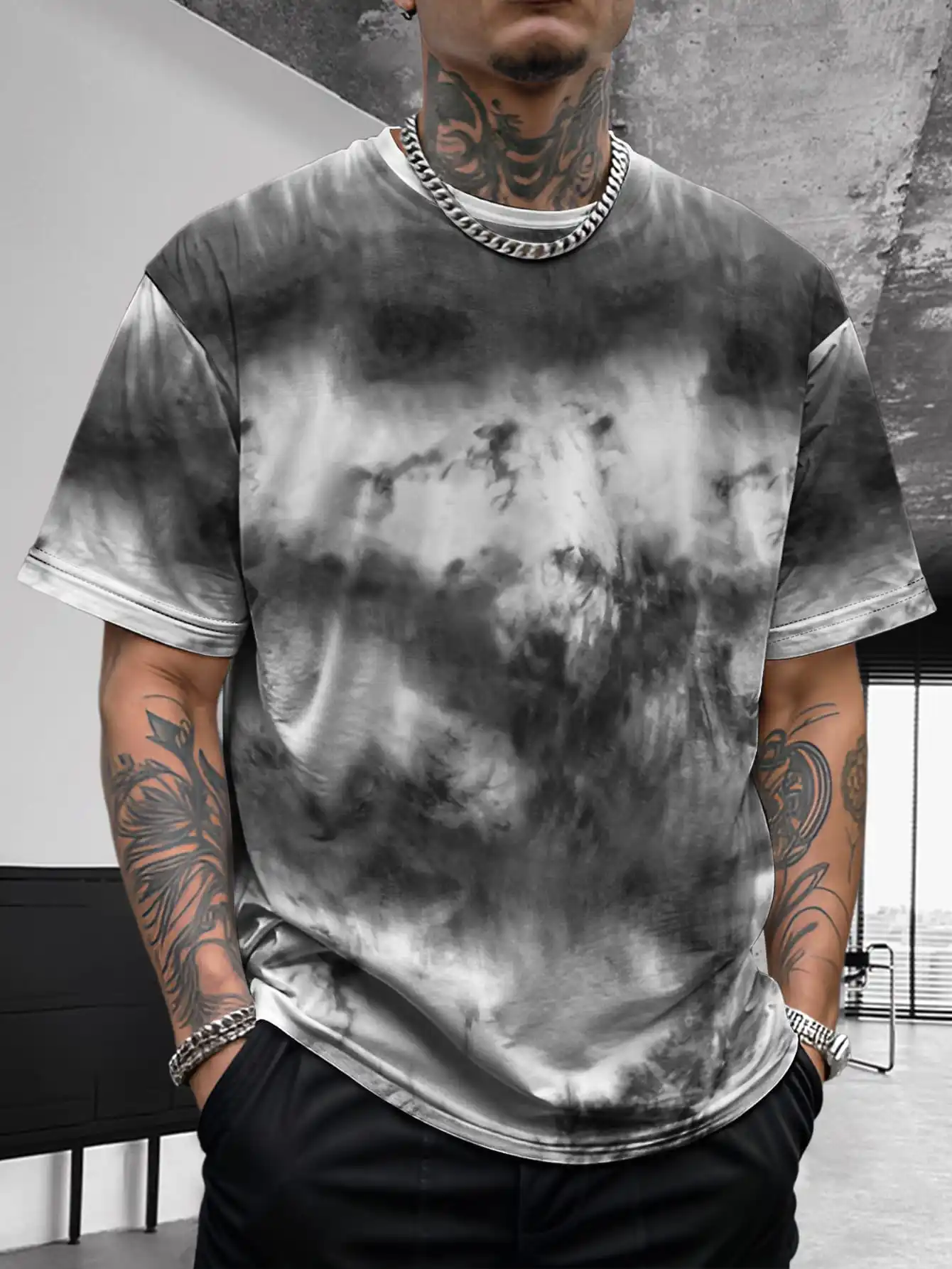 

Summer new men's tie dye graffiti hip-hop fashion casual versatile breathable short sleeved shirt