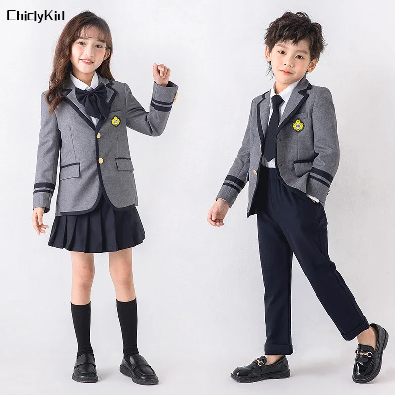 

Child School Uniform Girls Korean Japanese Navy Jacket Pleated Skirt Boys Formal Dress Suits Kids Student Clothes Class Sets