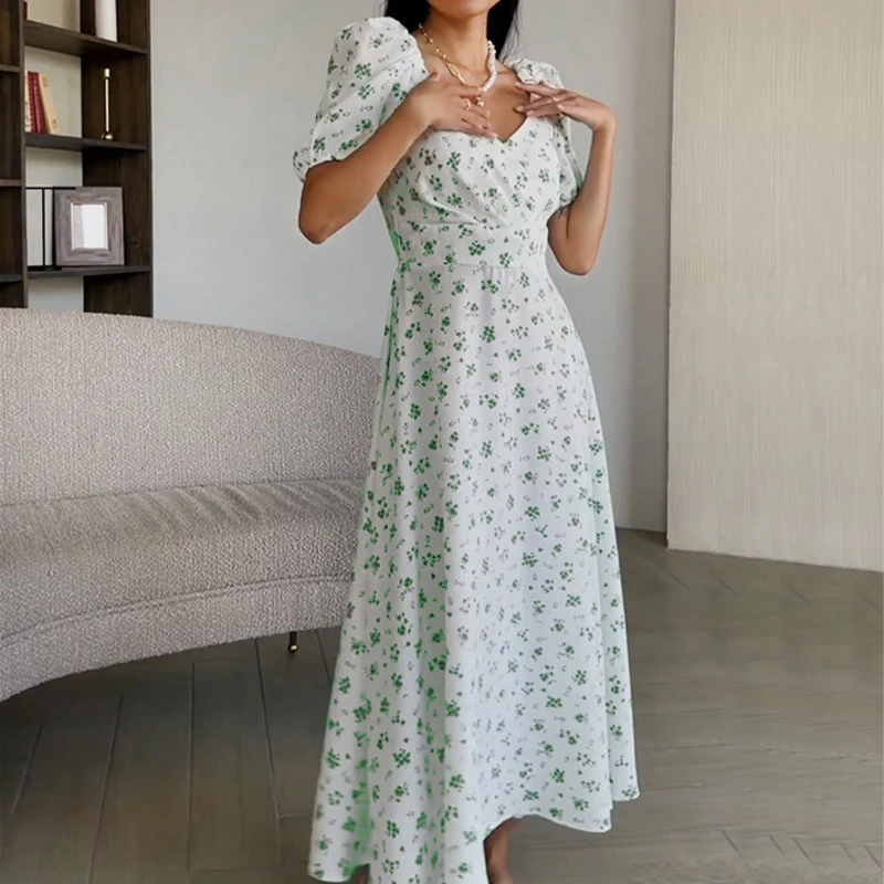 Elegantes Maxikleid für Damen mit Blumenmuster 2026 – Temperamentvolles V-Ausschnitt-Kleid mit hohem Schlitz und Puffärmeln für Strandurlaub und Freizeit