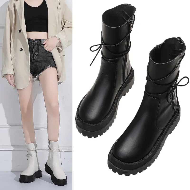 Women Boots 2021 New Leather Thick-soled 6 Boots Women\'s Short Boots Side Zipper Rider Boots Back Lace Mid-tube Boots