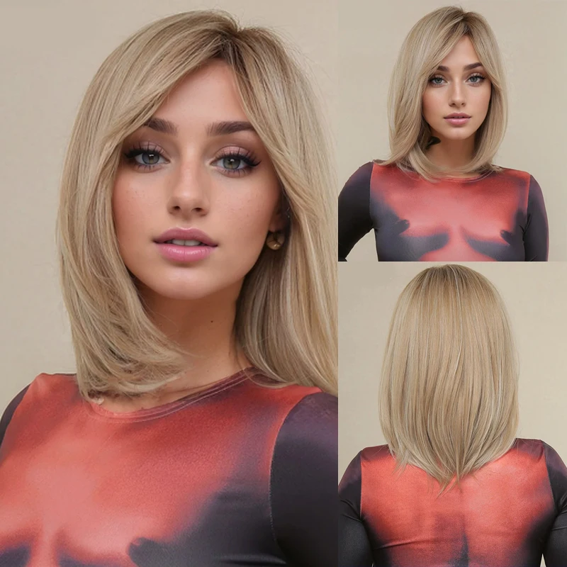 Natural Blonde Short Straight Wigs for Women Shoulder Length Layered Synthetic Hair Wig with Dark Roots Daily Party Use