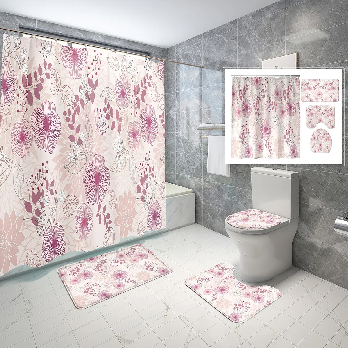 4 PCS Vintage Pattern Shower Curtain Set,Art Pink Flowers Bathroom Waterproof Bath Curtain,Non-Slip Bath Mat Toilet Cover Set