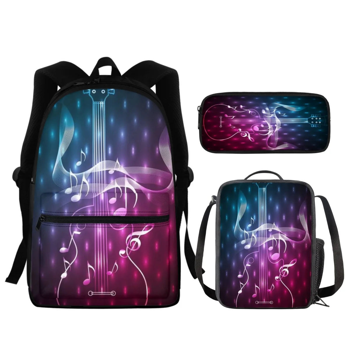 FORUDESIGNS-bolsas de libros con diseño de llama de guitarra para estudiantes, estuche de lápices, bolsa de almuerzo Diagonal de hombro, Mochila portátil de música, 3 unids/set