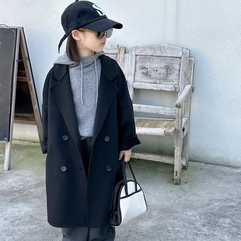 

2025 New Girl's Baby Coat Thick Plush Woolen Autumn Winter Long Coat Warm Cozy Toddler Outerwear Cute Cartoon Print