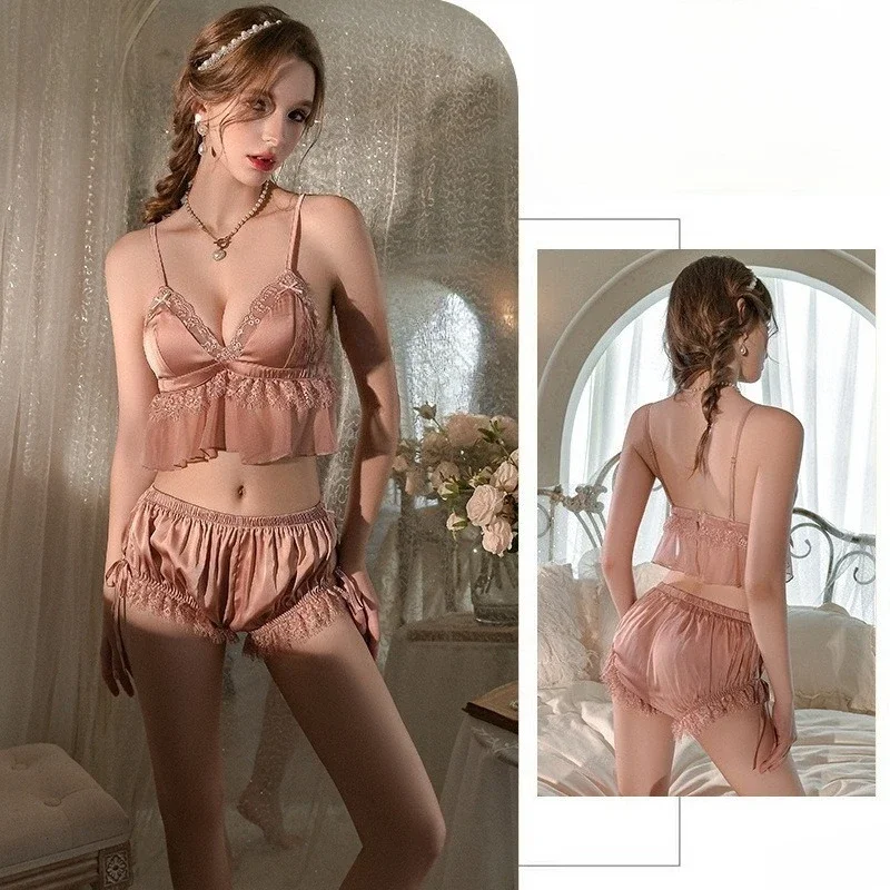 Sexy Spitze Bralette Nachtwäsche Set Französisch Frauen Ärmelloses Top Shorts 2 stücke Nachthemden Dessous Nachtwäsche Frauen Nacht Kleider Kleidung
