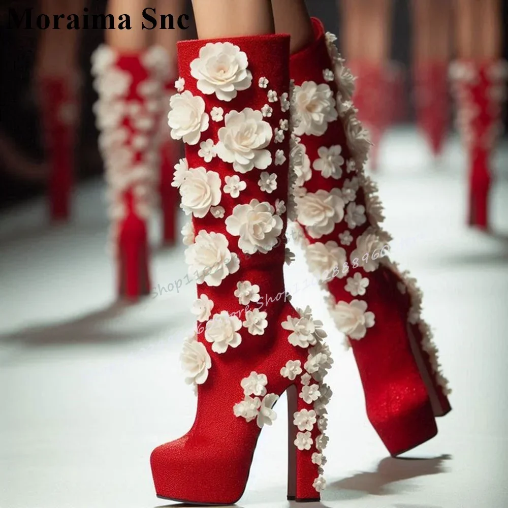 

Stylish Knee High Red Flower Platform Boots Chunky High Heel Shoes For Women Side Zipper Round Toe 2025 Zapatos Para Mujere