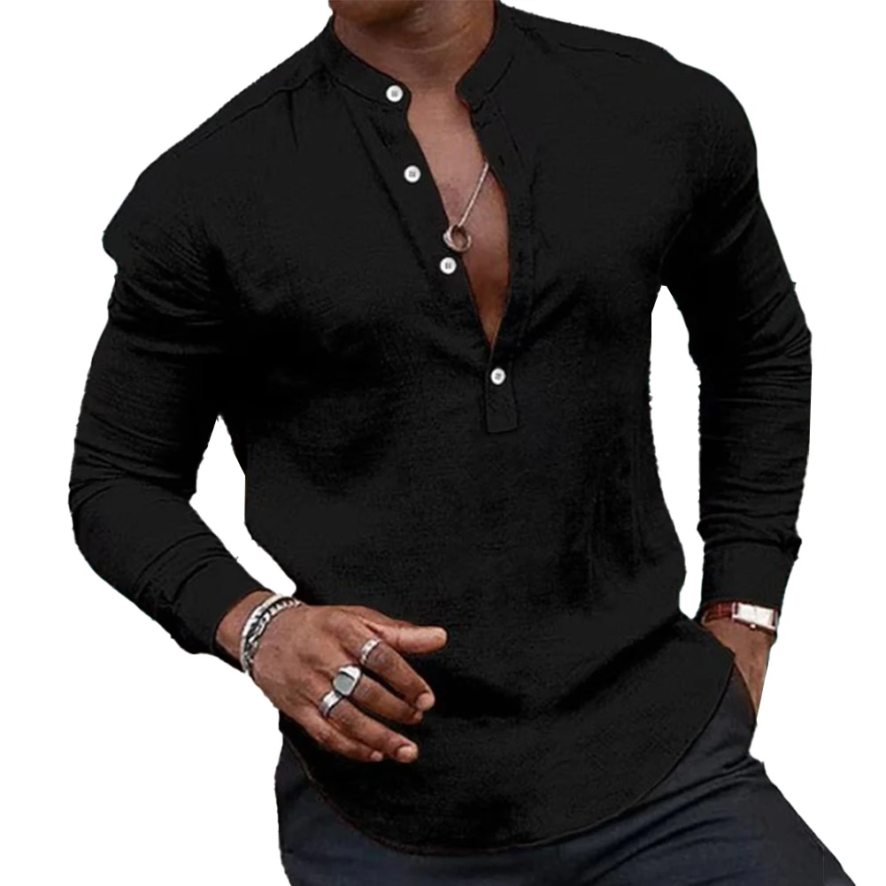 Masculina Casual Manga Longa Decote V Camisa Henley, Blusa de Botão Abaixo, Tops, Camisetas, Vários Tamanhos e Cores Disponíveis