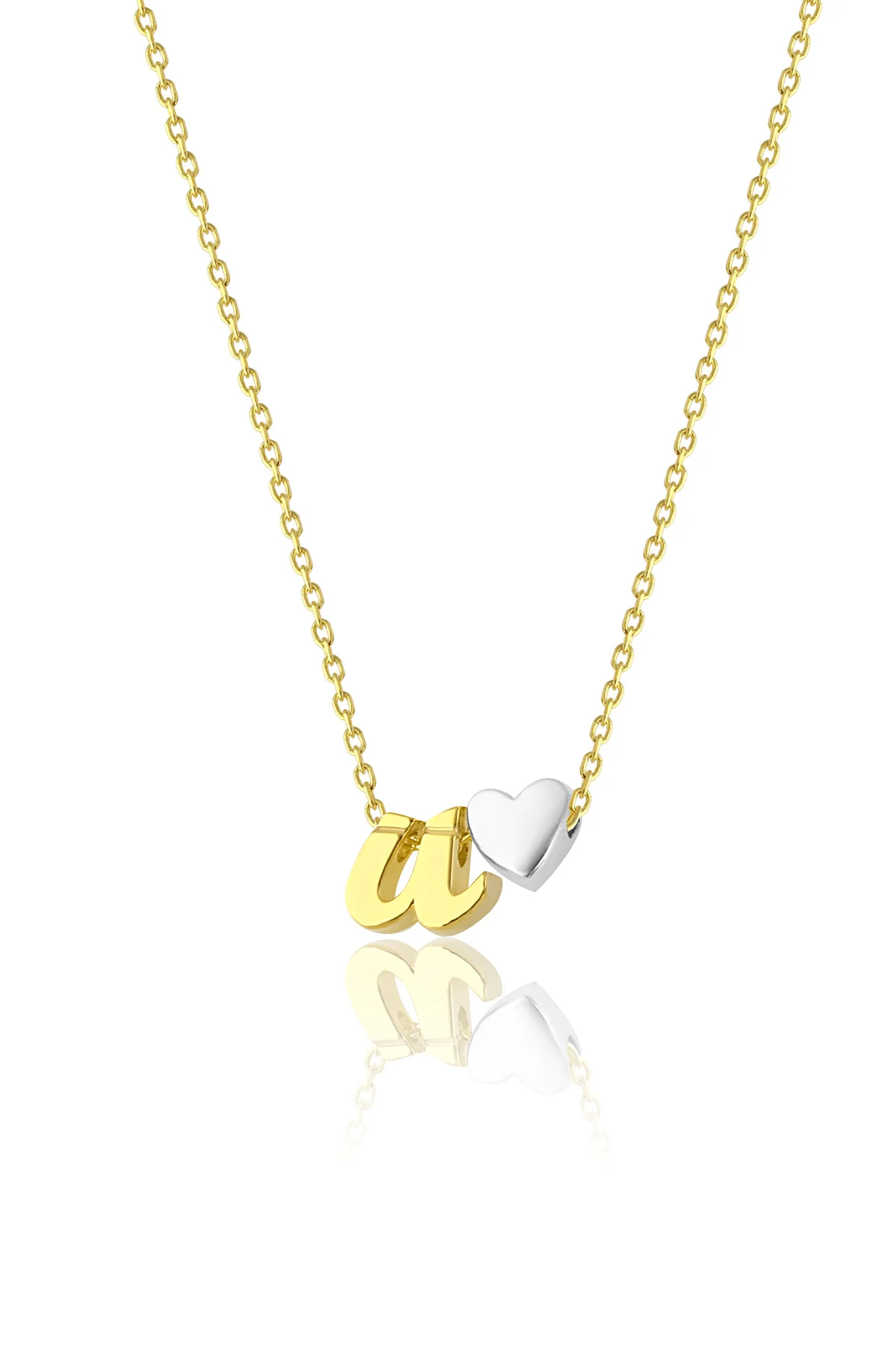 Gold Plated Silver U with Dot Letter with Heart Pendant Necklace