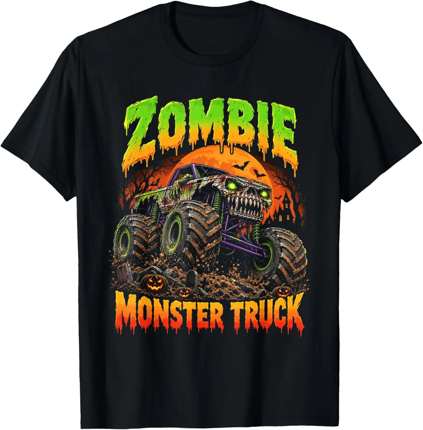 Zombie Monster Truck Halloween T-Shirt Versatile, heavyweight pure cotton short-sleeve tee—trendy, thick fabric; a great gift for Christmas or Halloween.