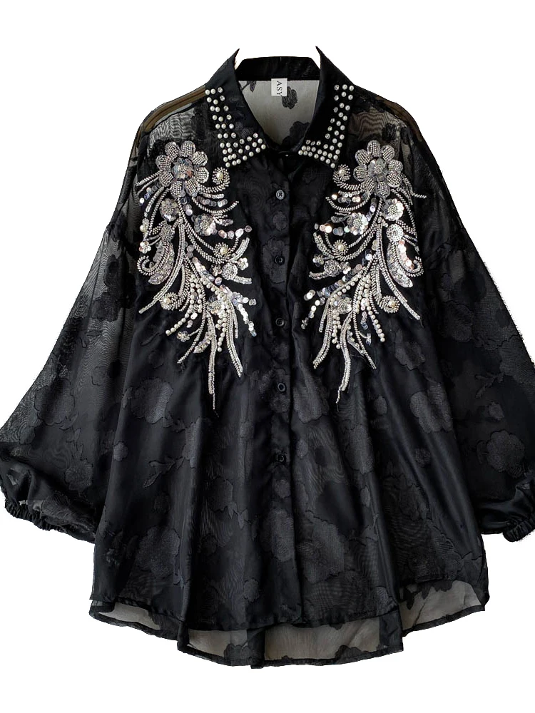 

Embellied Bead Lantern Sve irt Jaet Loose Fit Collar Casual Sun Protection Women's Faion Summer 2024