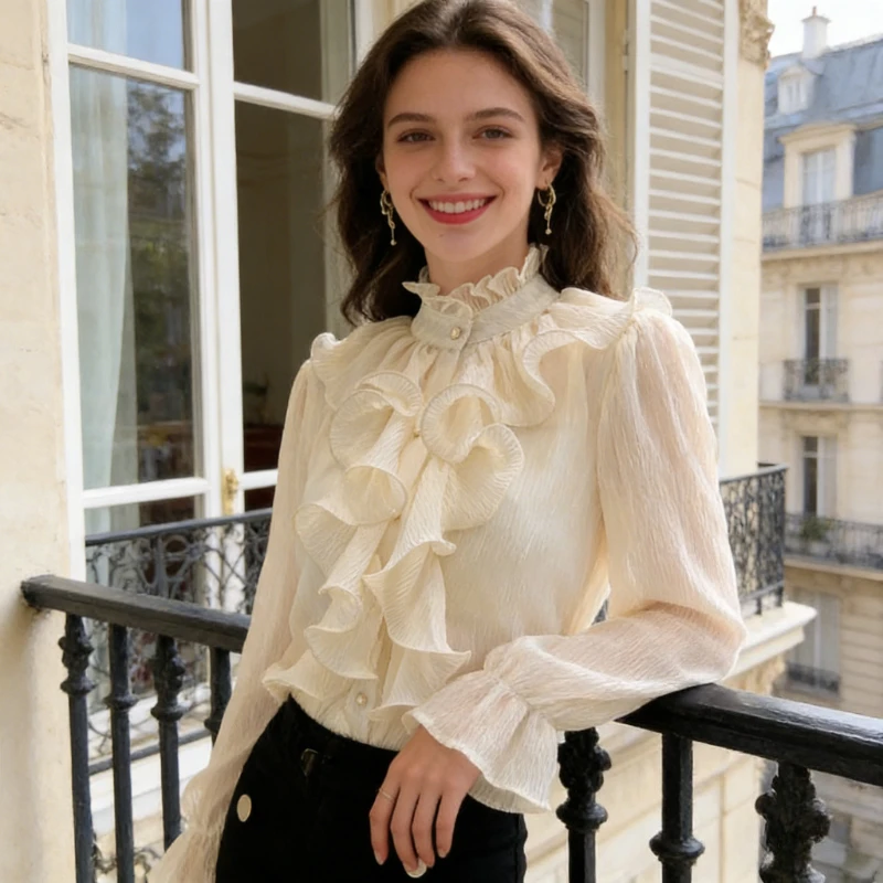 

Новая модная женская кофта-кардиган с полуворотником и пуговицами, с длинным рукавом, элегантная кружевная повседневная роскошная блузка с расклешенными рукавами