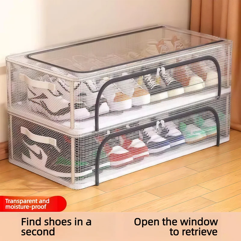 Shoe storage solution: space-saving shoe cabinet, dust-proof storage box, foldable design for boots, and under-bed shoe rack