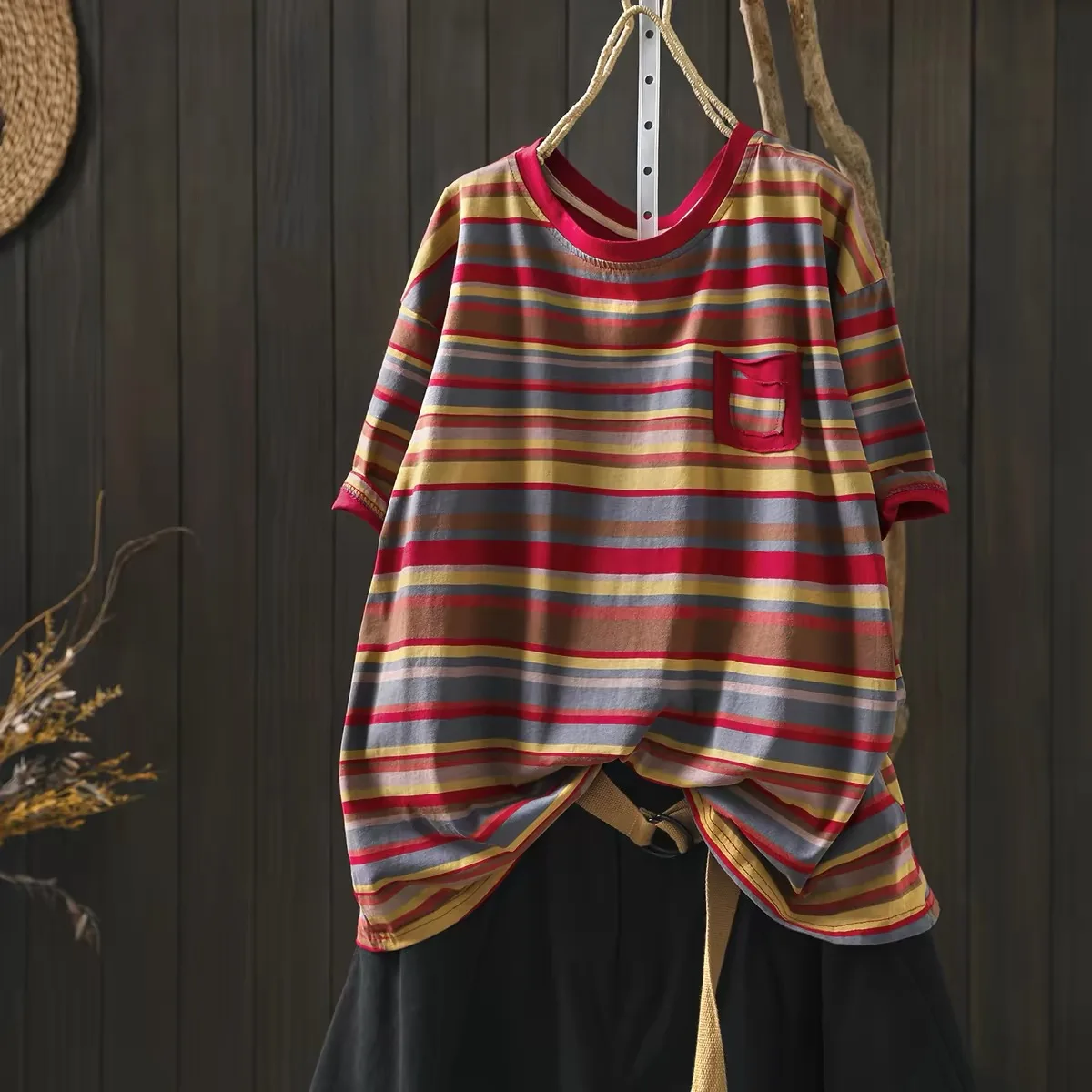 2026 Oversized Retro Multicolor Striped T Shirts for Women Loose Casual Crew Neck Short Sleeve Shirts with Pocket Summer Basic