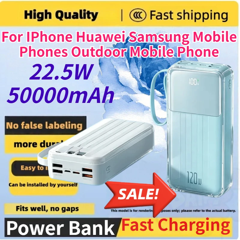 50000mAh Power Bank 22.5W with Large Capacity for IPhone Huawei and Samsung Mobile Phones Outdoor Mobile Phone Powerbank
