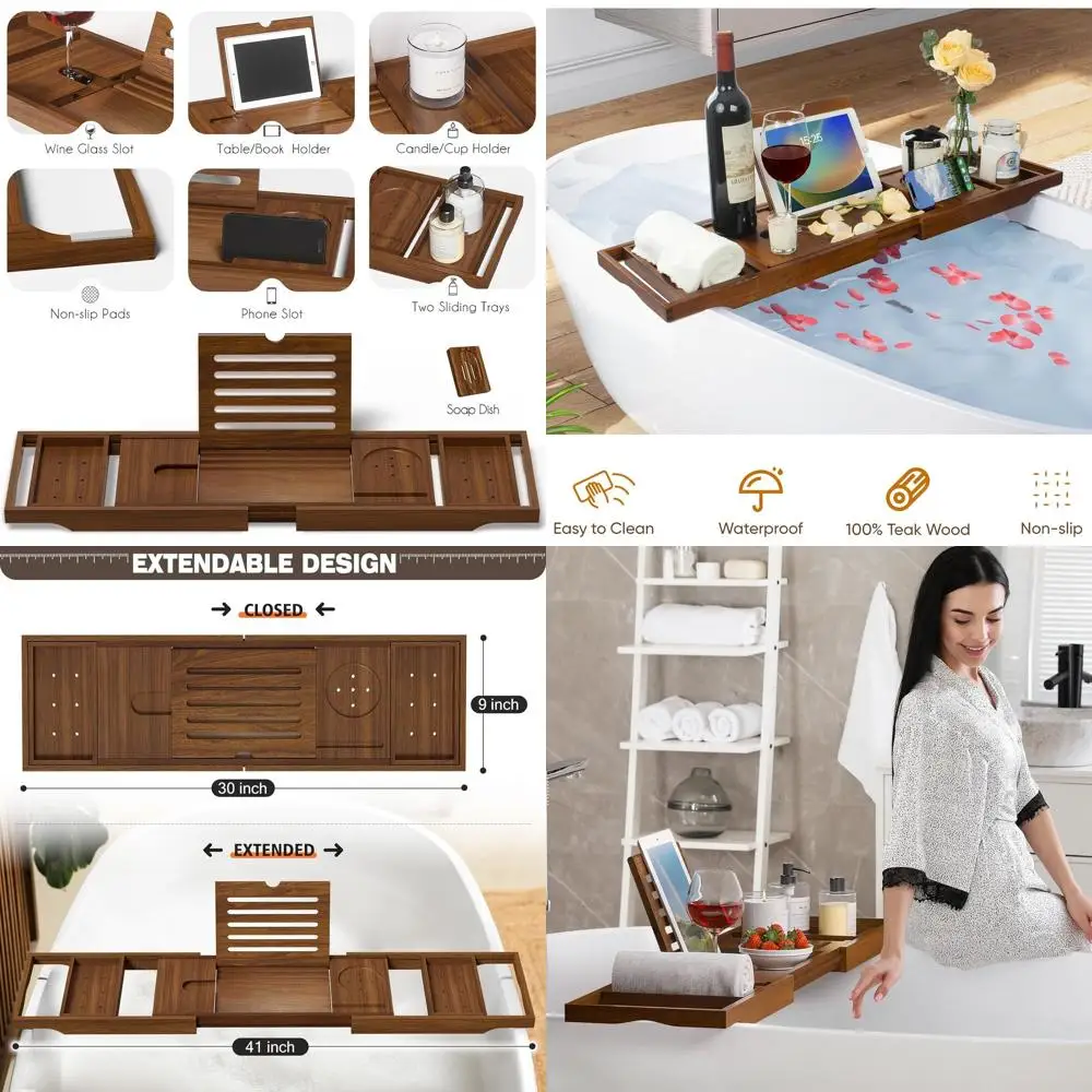 

Luxury Expandable Teak Bath Caddy with Non-Slip Wine and Tablet Holder for Home Spa Experience