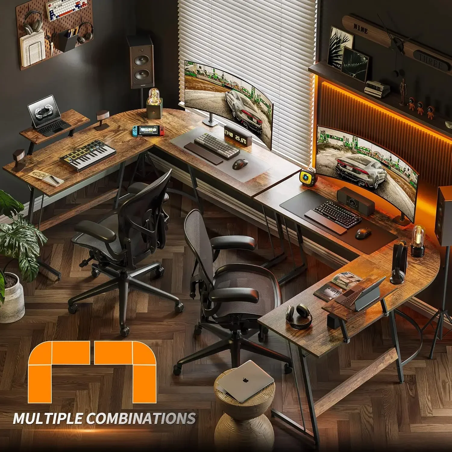 L Shaped Desk, Computer Corner Desk, Gaming Desk with Monitor Stand, Home Office Study Writing Workstation, Rustic Brown