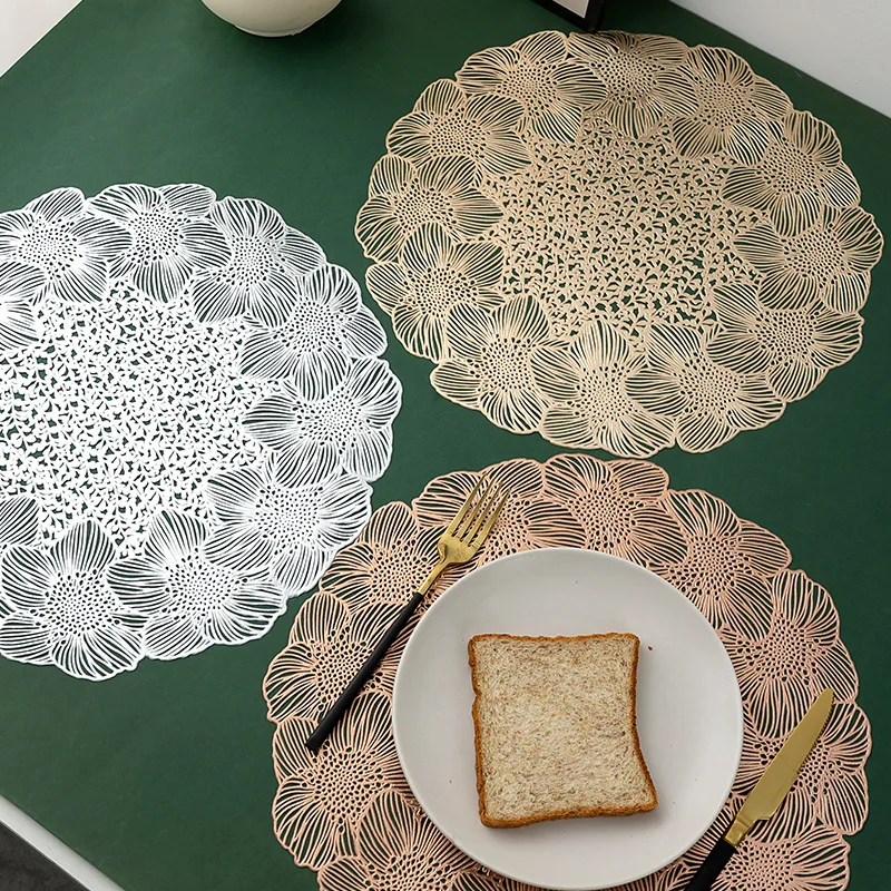 New Hollow Garland Pvc Insulation Placemats Waterproof Dining Table Mat for Hotel Tea Room Luxury 8Pcs Solid Color Cup Coasters