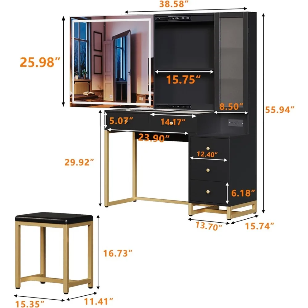 Mesa de vaidade com espelho e luzes, penteadeira de maquiagem com estação de carregamento e 5 gavetas, armário de armazenamento