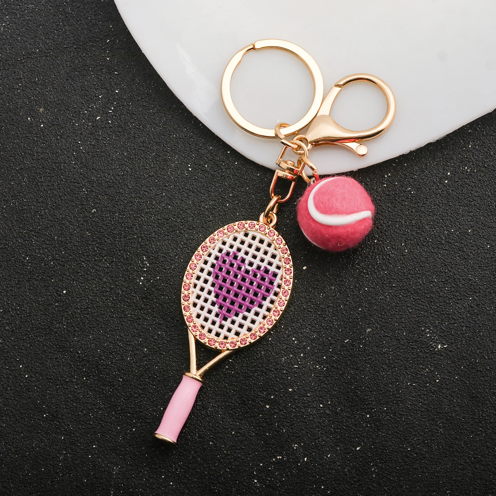 Kristallherz-Tennisschläger-Schlüsselanhänger, Mini-Filz-Tennisball-Taschenanhänger, Sport-Schlüsselring, Rucksack- und Handtaschenanhänger, Geschenk für Frauen – Detail 6