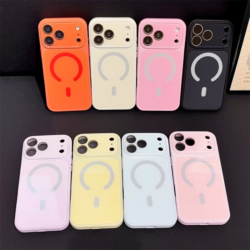 Luxuriöse Glänzende Magnetische Hülle mit Großem Fenster für iPhone 17 16 15 14 13 Pro Max, Kompatibel mit MagSafe, Weicher Stoßfester Acryl-Bumper