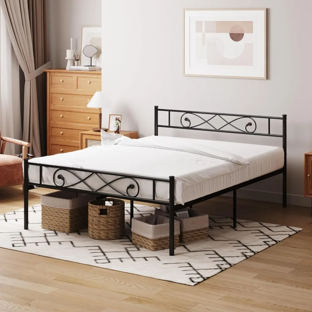 

Queen Metal Platform Bed Frame with Headboard,Heavy Duty Steel Slat Support,Mattress Foundation,Under Bed Storage,No Box Spring
