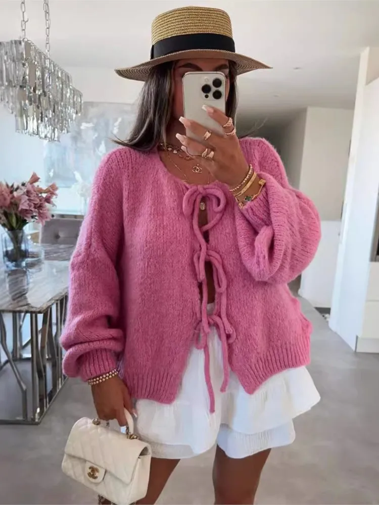 

Women's fashionable and simple round neck tie knit sweater jacket for commuting, elegant and sweet pure color knit cardigan