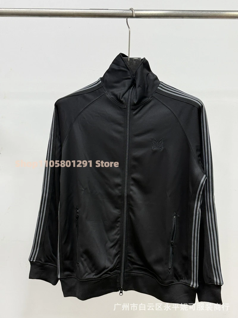 Unisex Side Webbing Stripe Track Jacket, Butterfly Embroidery Stand Collar Full Zip Coat Loose Sports Street Outer Top