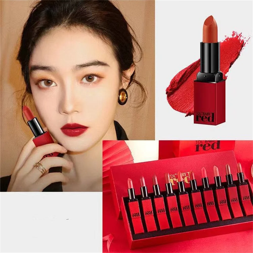 Pintalabios Retro de terciopelo líquido para mujer, lápiz labial rojo mate, maquillaje desnudo, caja de belleza impermeable de larga duración, regalo de cosméticos, 10 unids/set