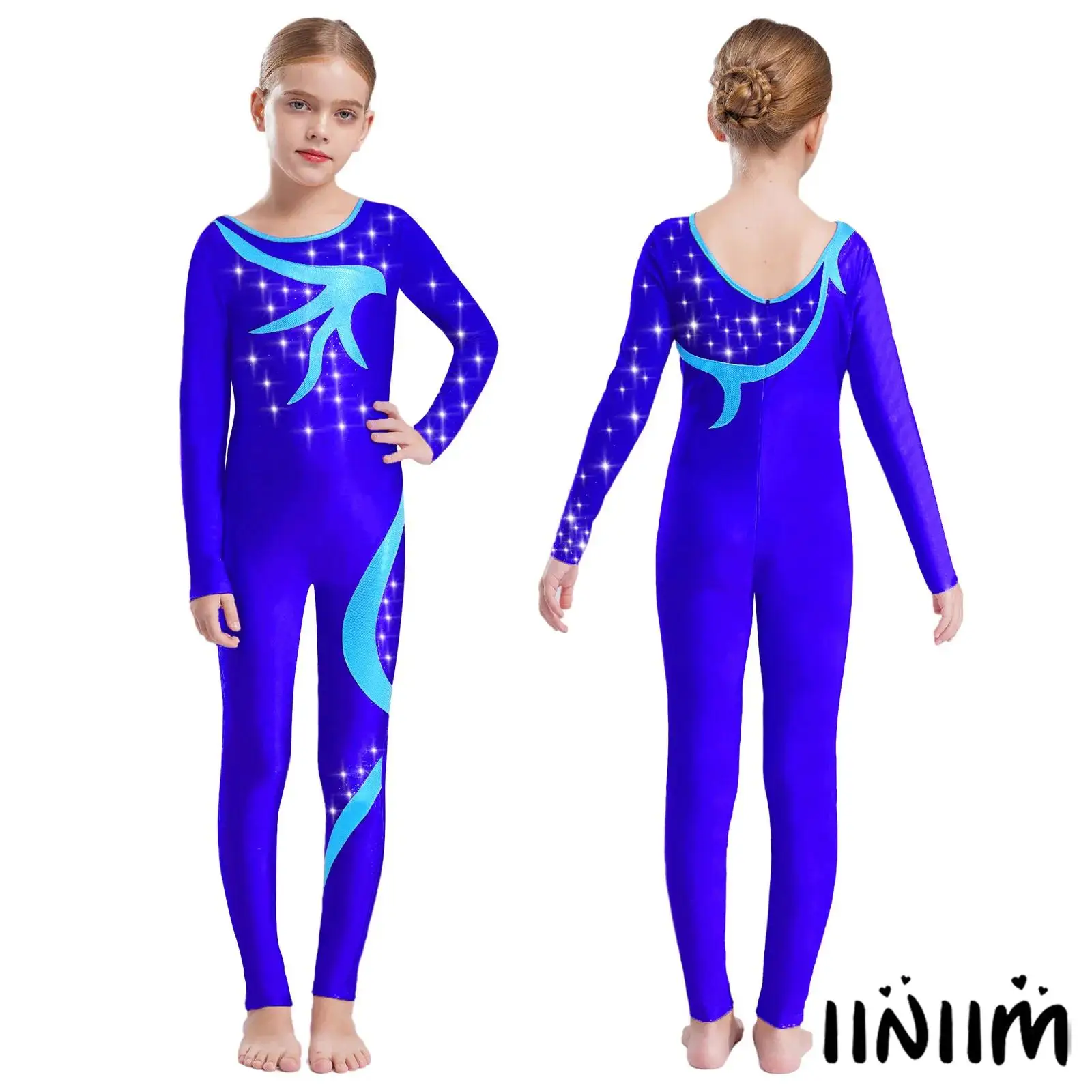 

Kids Girls Rhythmic Gymnastics Jumpsuit Shiny Rhinestones Sheer Mesh Figure Skating School Show Bodysuit Full Length Leotard
