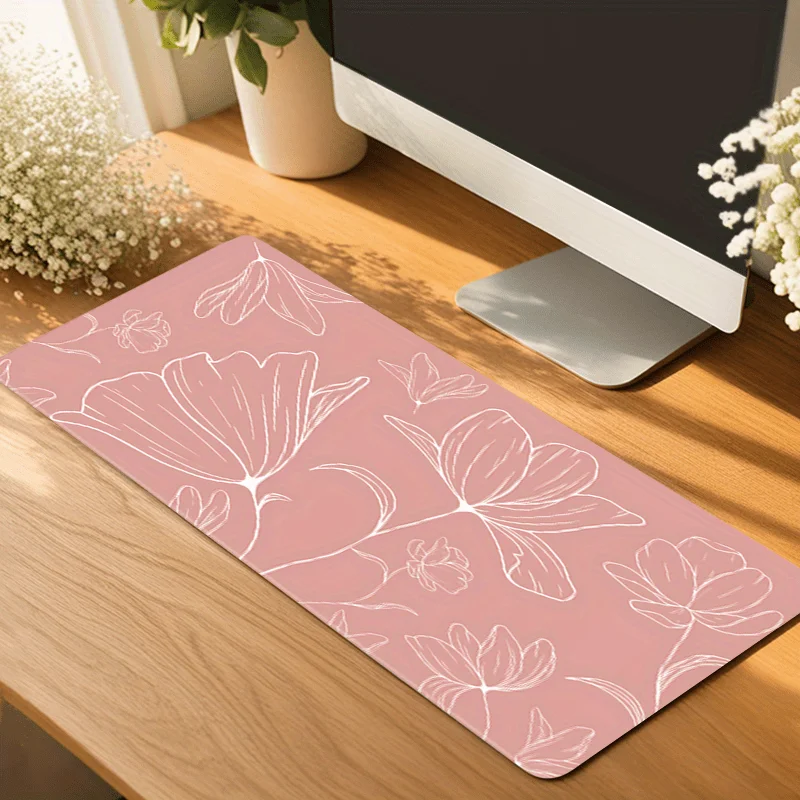 Elegant Dusty Rose Floral XXL Mouse Pad, Rubber Base & Stitched Edges, Large Keyboard Desk Mat for Office & Gaming