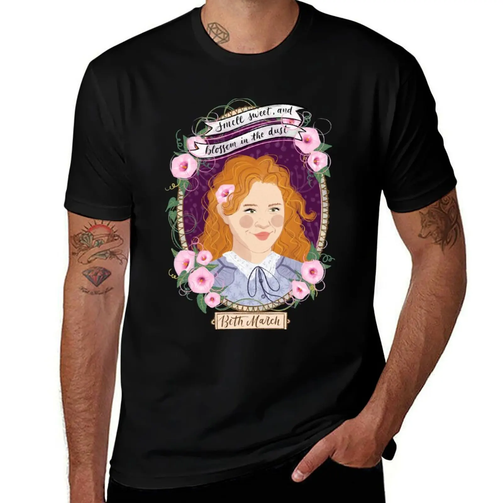 Little Women potraits: Beth March botanical illustration T-Shirt Retro Style Print Casual Top