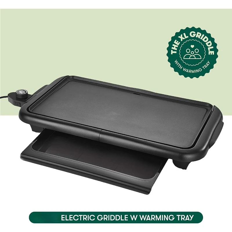 Griddle elétrico com bandeja de aquecimento, Smokeless Indoor Grill, superfície antiaderente, temperatura ajustável, Cool Touch Handles