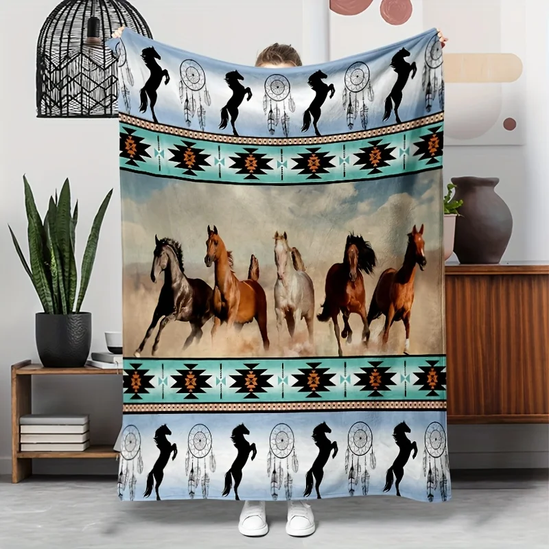 Tribal Running Horse Flannel Throw Blanket, Dreamcatcher Ethnic Print Soft Blanket for Kids Bedroom Sofa Cozy Home Decor Use
