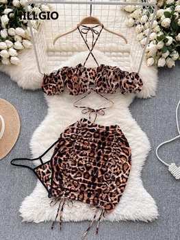 CHILLGIO ผู้หญิงเซ็กซี่เสือดาวพิมพ์ชุดกระโปรงแฟชั่นปิดไหล่ Halter Camisole Ruched กระโปรงดินสอ 2 ชิ้นชุดนอนชุด