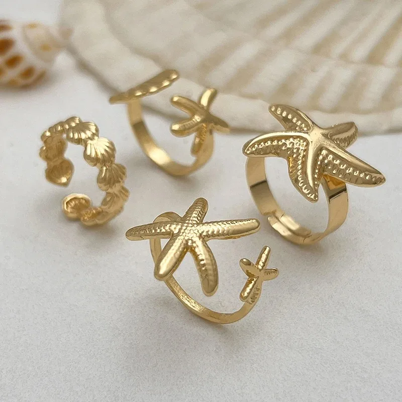 4Pcs/set Starfish Shell Hot Sale Open Rings for Women Men Gold Color Irregular Textured Adjustable Rings Set Jewelry Gifts image 6