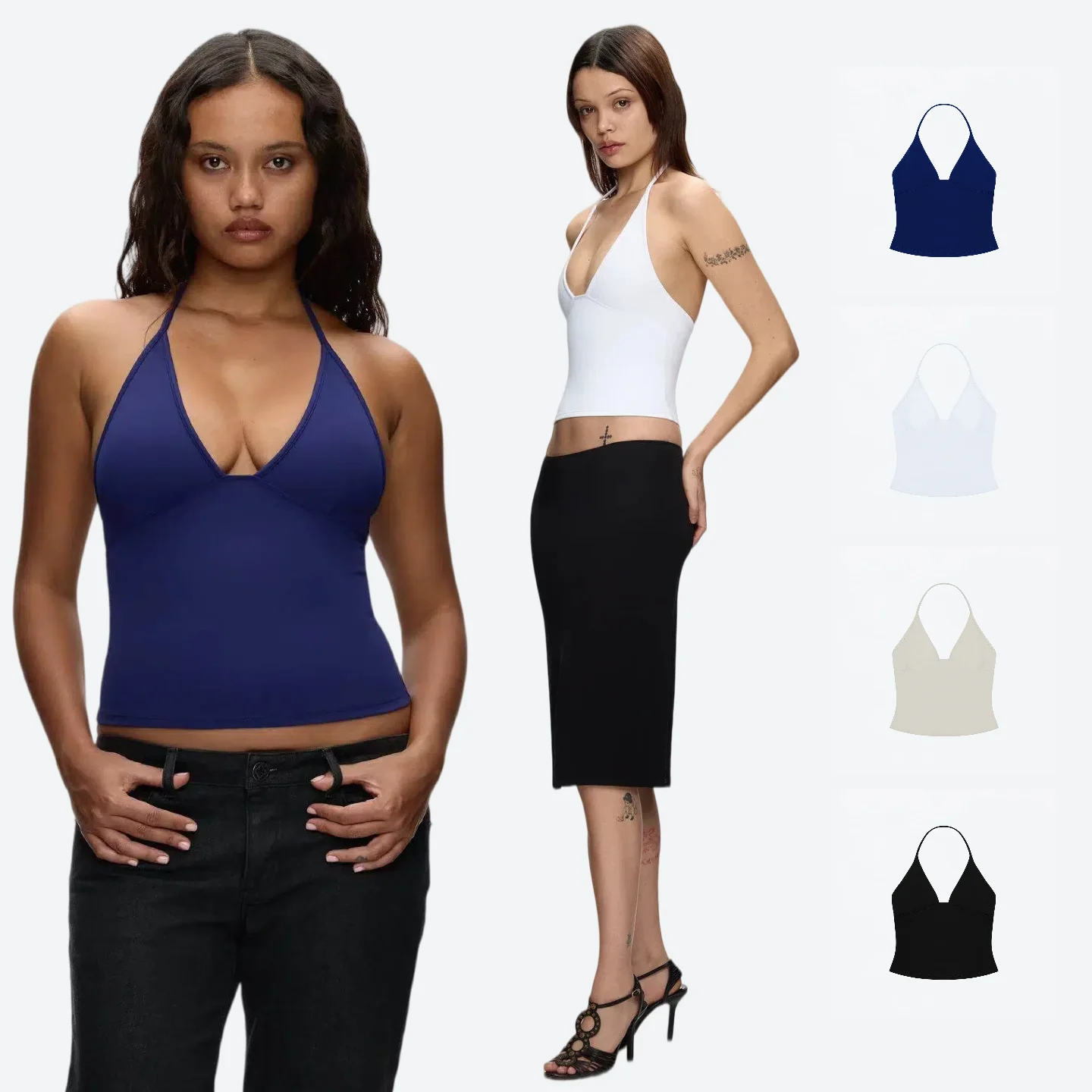 Tank triangle cup halter V-neck backless top with shoulder straps