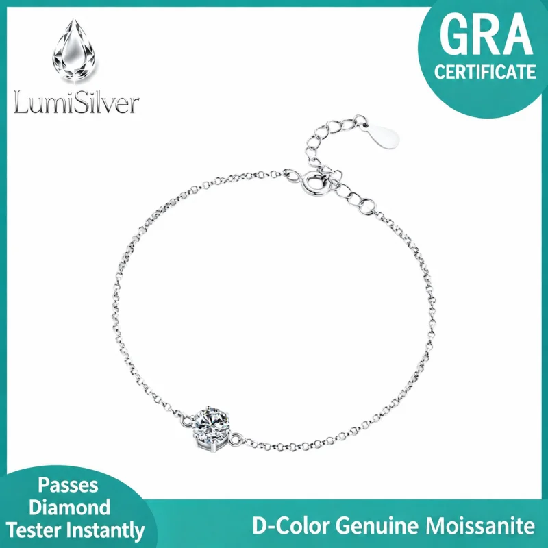 Solitaire Round Moissanite Dainty Bracelet 925 Sterling Silver GRA Certified Adjustable Minimalist Gift for Women