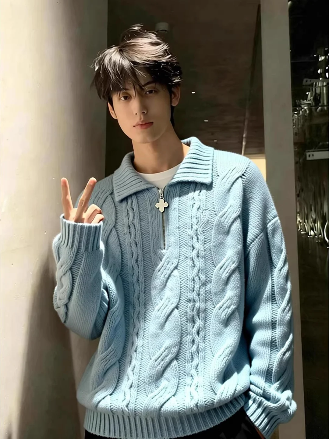 

Blue Knitted Sweater with Zipper And Collar for Men Winter Lazy Sle f Zipper Knitwear Loose Fit Soft Comfortable Warm