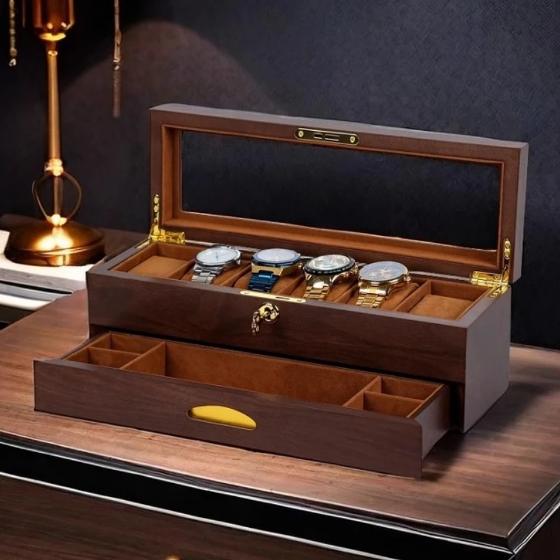 Retro Watch Box Transparent Glass Watches Storage Boxes With Lock 6 Slot Watch Display Case Packaging Organizer Supplies Gift