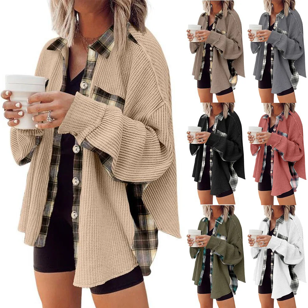 

Loose Plaid Boyfriend Shirt 2023 Women's Autumn and Winter New European and American Casual Waffle Knitted Jacket