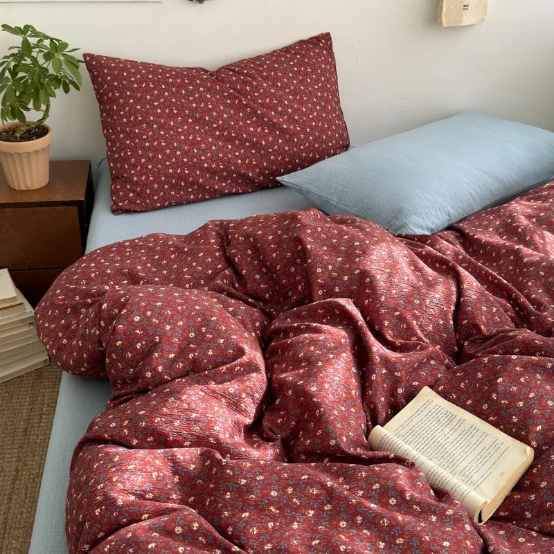 New literary and retro floral super soft wrinkled yarn printing four-piece set, three-piece set for student dormitory