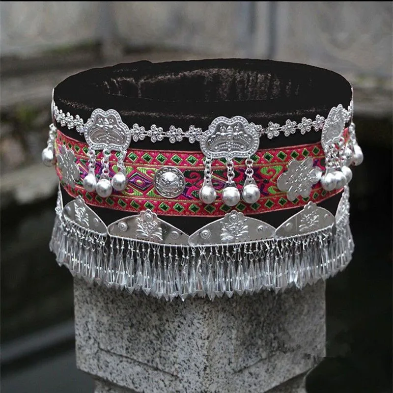 Red Blue Black Miao Hmong Cap Silver Tassel Hats For Women Pohotography Accessories Headdress Ethnic Minority Dance Headwear